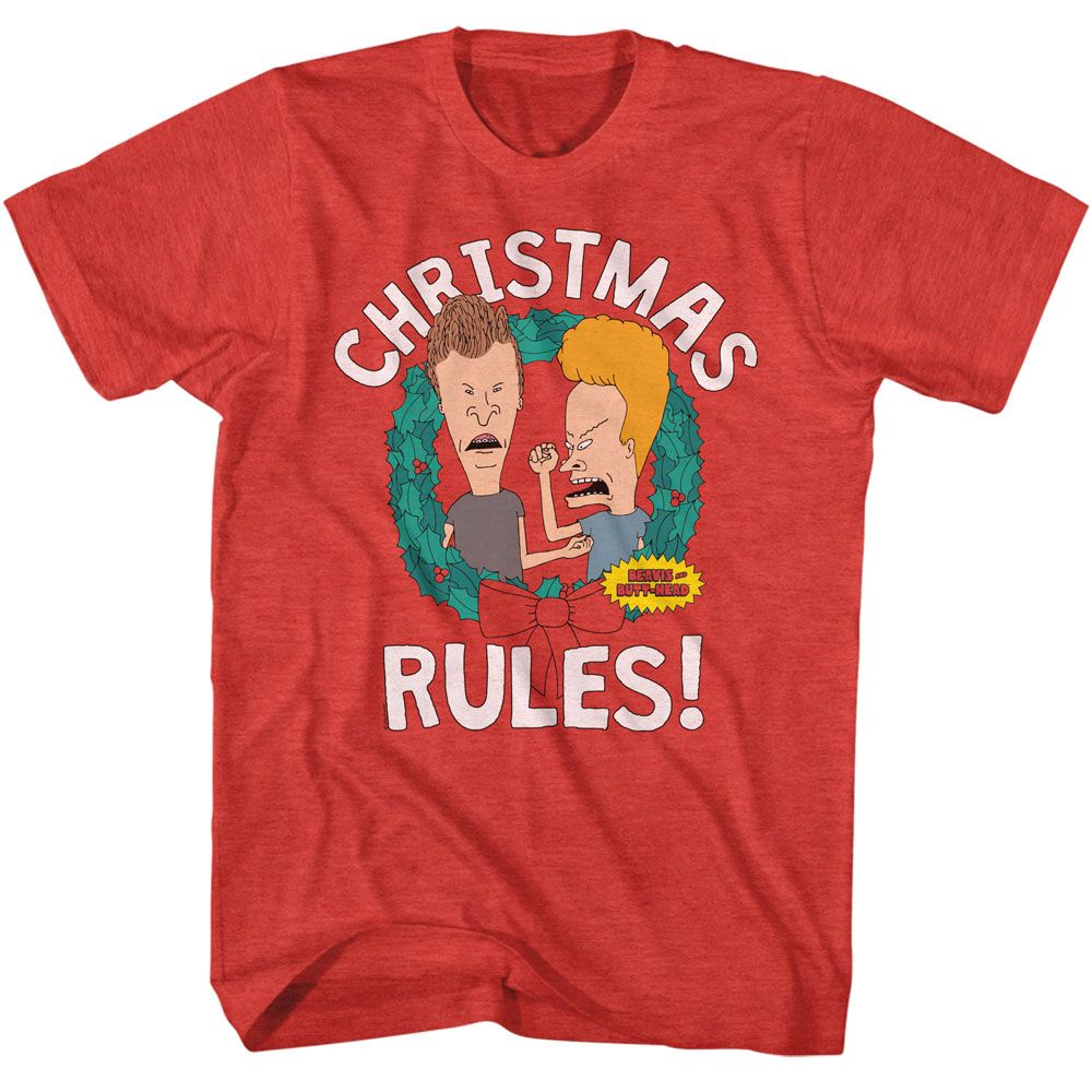 A red heather t-shirt featuring an illustration of Beavis and Butt-Head with the text &
