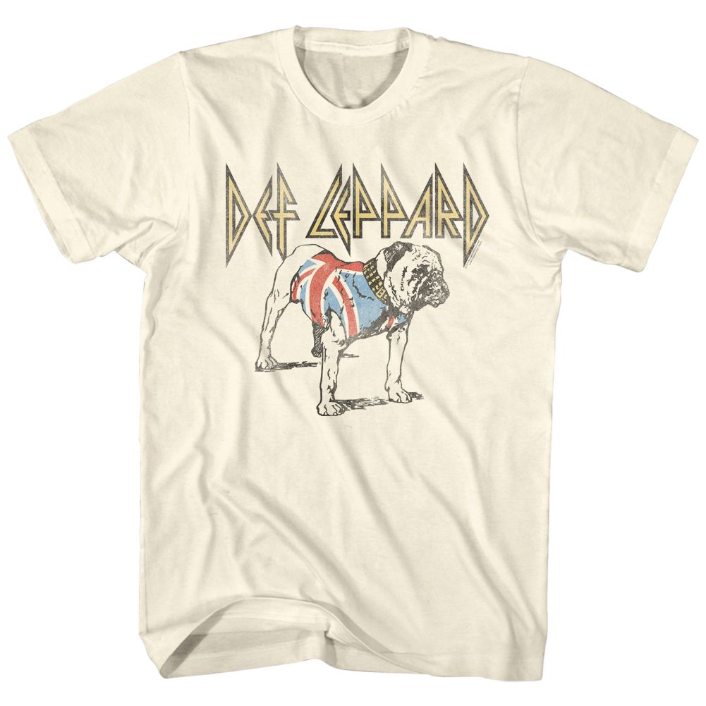A beige t-shirt featuring the DEF LEPPARD band artwork with a bulldog design.