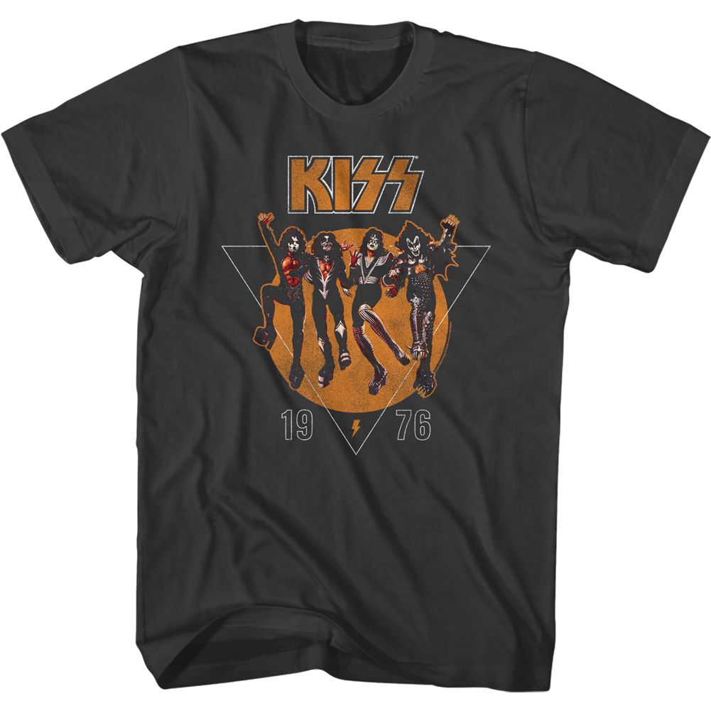 A black KISS t-shirt featuring an eye-catching graphic print of the band members in a vintage 1970s style design.