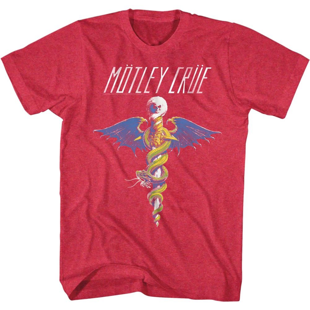 Red t-shirt with colorful snake design and &
