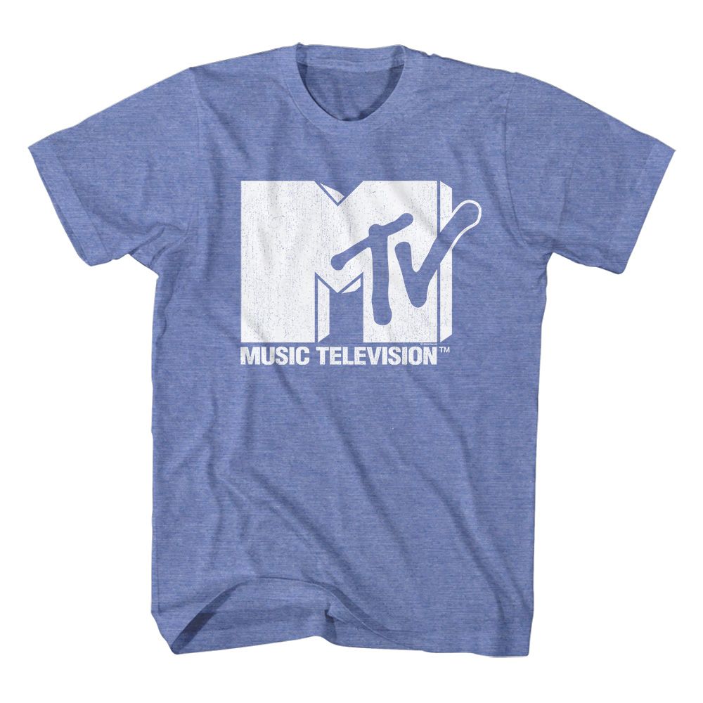 Blue t-shirt with white MTV logo on a white background