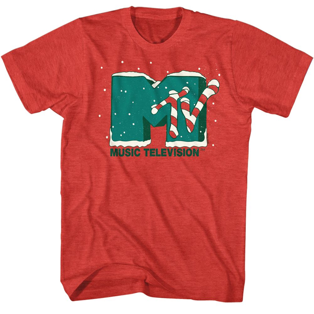 Red t-shirt with MTV logo featuring candy canes and snowflakes on a white background