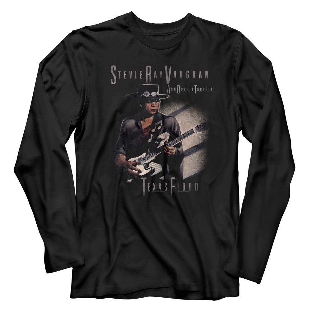 Black long sleeve T-shirt featuring an image of Stevie Ray Vaughan with the text &