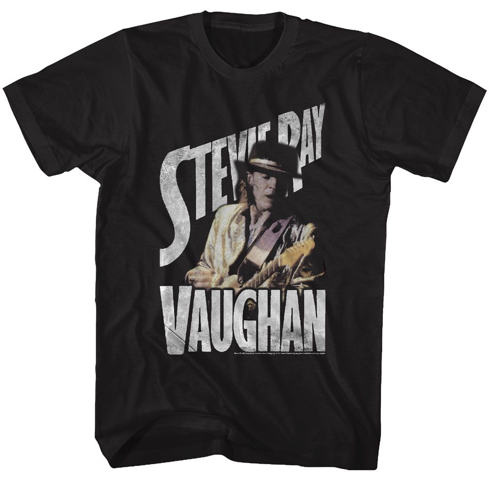 Black t-shirt featuring an image of Stevie Ray Vaughan playing a guitar
