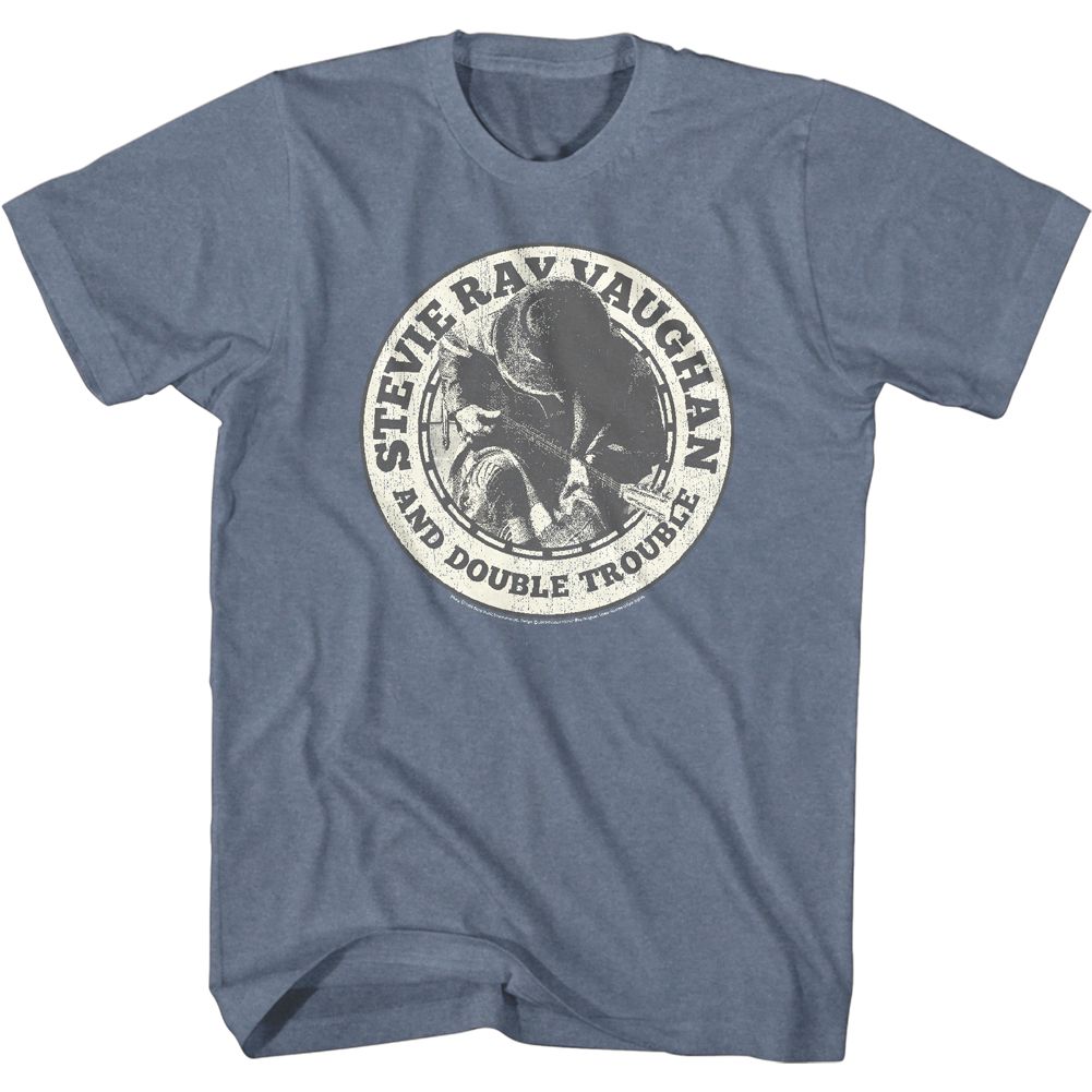 A gray Stevie Ray Vaughan t-shirt with a circular print design featuring the artist&