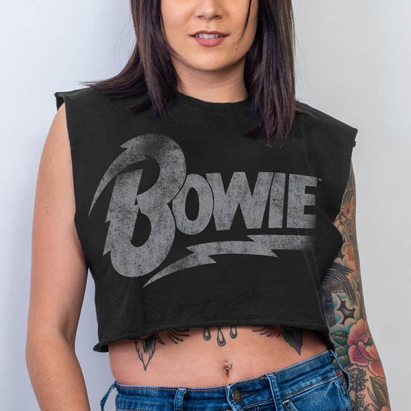 Women Exclusive DAVID BOWIE Eye-Catching Crop, Distressed Logo